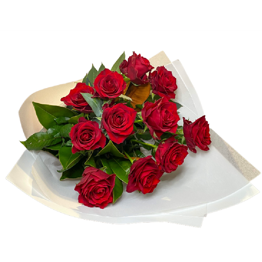 Glorious Tasmanian grown, long stem Red Roses and lush foliages, gift wrapped ready for a vase.